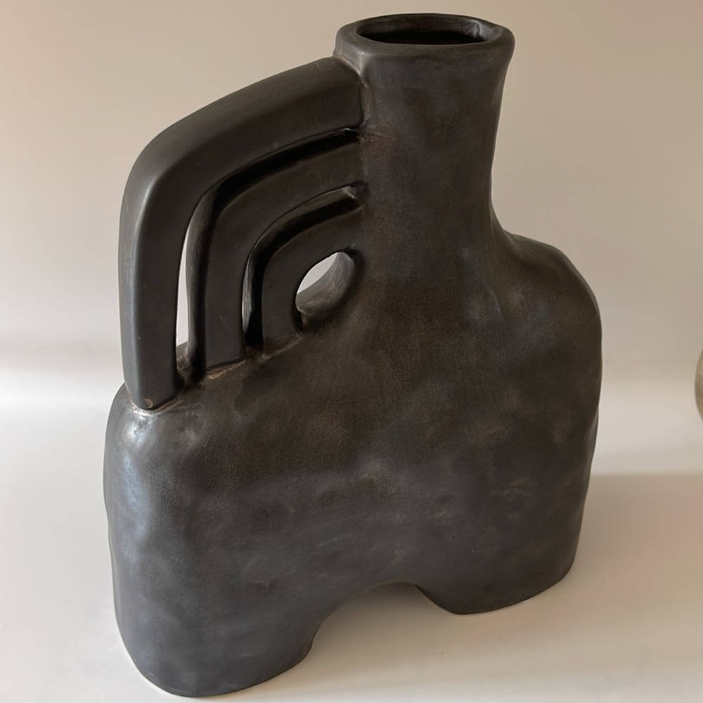 Unique Triple Handle Arch Ceramic Planter Vase, Black - Picture 6 of 10